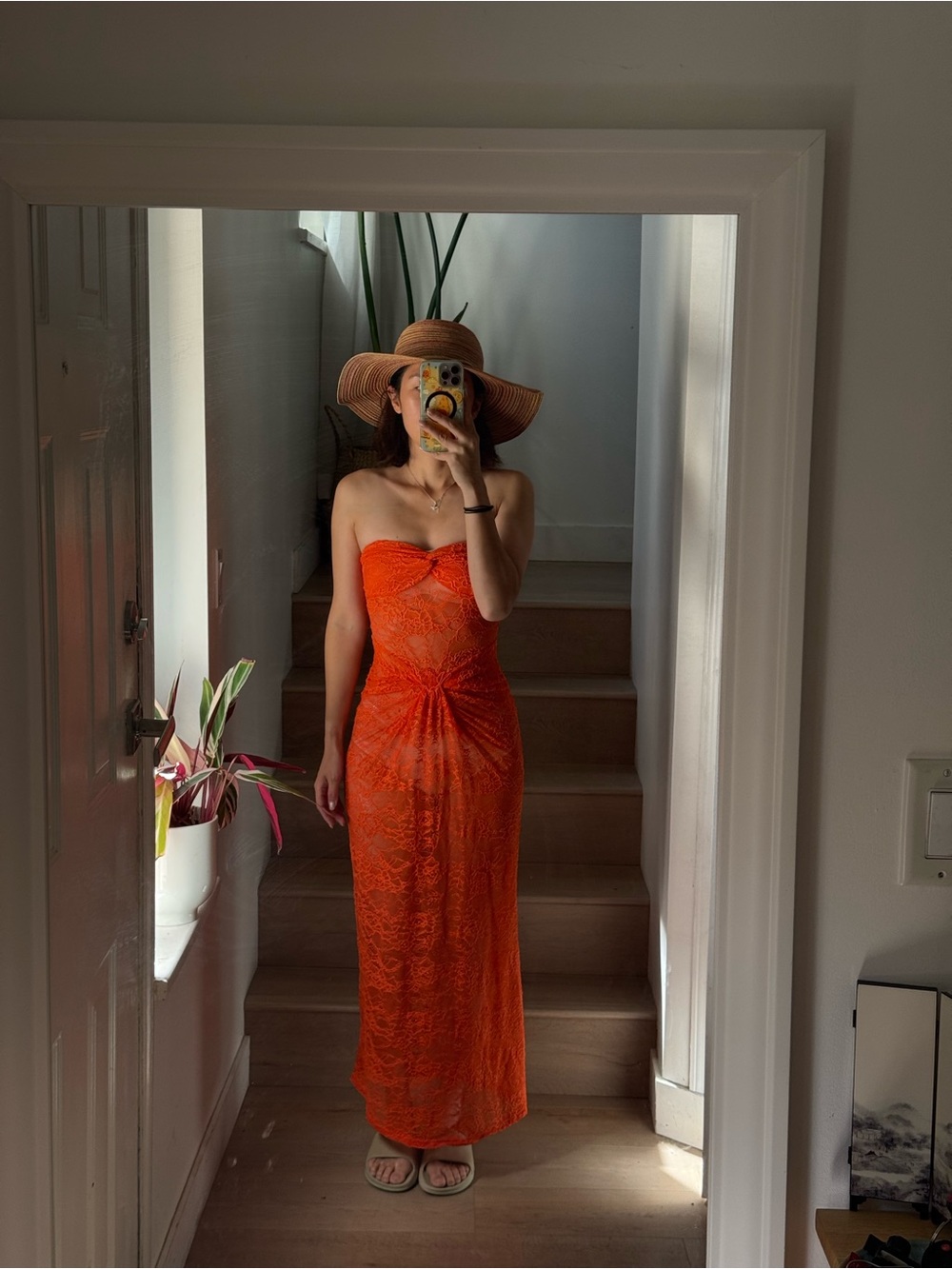 Strapless Orange Lace Maxi Dress